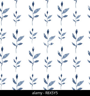 Seamless motivo floreale. Blue ramoscelli, foglie fronde su uno sfondo bianco, acquerello, inchiostro Foto Stock