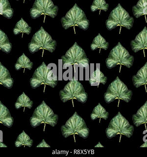 Acquerello seamless pattern con foglie d'edera su sfondo nero. Foto Stock