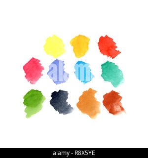 Set di colori di acquerelli di macchie di vernice sfondi su bianco Foto Stock