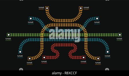 I binari della ferrovia, con la stazione ferroviaria di diagramma di treno. Scale di colore o di recinzione. Illustrazione Vettoriale su sfondo nero. Illustrazione Vettoriale