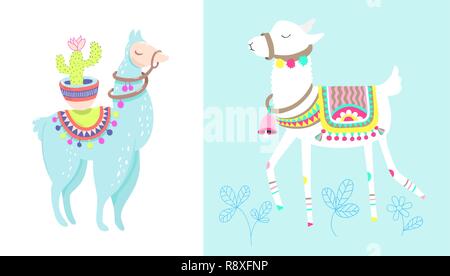 Funny llama con cactus isolato su bianco e blu animale alpaca Illustrazione Vettoriale