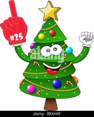 Cartoon xmas albero di natale esultando numero 25 guanto sostenitore isolato della ventola Illustrazione Vettoriale