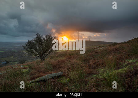 Sunrise a con belle nuvole e colori nel cielo, Stowes Hill, Bodmin Moor, Cornwall, Regno Unito Foto Stock