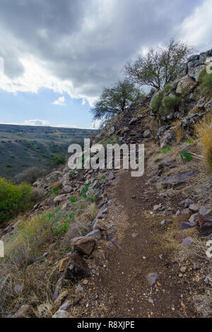 Vista dei resti della città antica e della fortezza di Gamla, con il sentiero e il paesaggio. Alture del Golan, nel nord di Israele Foto Stock