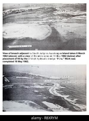 Didascalia originale dal 1963 Report: Vista della violazione adiacente al Molo Sud su Assateague Island prese 8 marzo 1962 (sopra) con una vista della stessa area del 15 maggio 1962 (di seguito) dopo il collocamento di riempire dal 27 pollici draga idraulica "Perù". Il lavoro è stato completato il 19 maggio 1962. Foto Stock