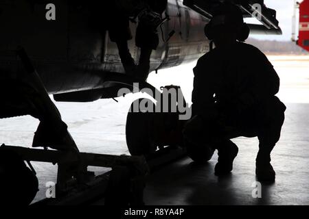 Pfc. Stetson Kirkpatrick si accovaccia accanto a un UH-1Y Venom a bordo di Ft. Tamburo, N.Y., Marzo 9, 2017. Marines assegnato alle Marine Attacco leggero elicottero Squadron 269, Marine Aircraft Group 29, seconda Marine Ala di aeromobili sono arrivati a piedi. Tamburo Mar. 8, e permetterà di trascorrere più di una settimana di condurre le operazioni aeree in ambiente freddo. La formazione sarà ulteriormente affinare il gruppo nella sua capacità di operare ovunque nel mondo. Kirkpatrick è un aviation ordnance tecnico con HMLA-269. Foto Stock