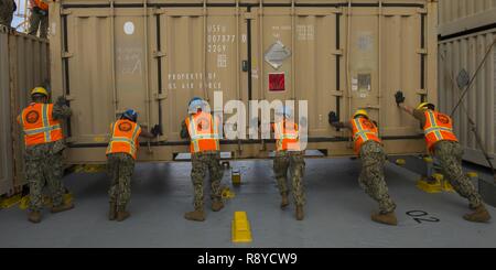 Velisti assegnati a Navy Cargo Handling battaglione 1 (NCHB1) guida un contenitore di munizioni a bordo i militari Sealift nave comando MV principali Bernard F. Fisher (T-AK-4396) presso la base navale di Guam Marzo 8, 2017. NCHB1 è la marina è attivo solo dovere di movimentazione dei carichi e il battaglione è un rapidamente dispiegabile unità operativa della Marina Expeditionary comando di combattimento in grado di carico e scarico di navi e di aeromobili in tutte le condizioni climatiche e di condizioni di pericolo. Foto Stock