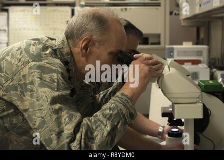 Stati Uniti Air Force Lt. Gen. Mark Ediger, l'Air Force chirurgo generale, osserva una diapositiva parassita attraverso un microscopio Marzo 10, 2017 a Eielson Air Force Base in Alaska. Ediger ha girato la 354Medical Group possibilità di acquisire una migliore comprensione di Eielson del medico di forze e di affrontare le sfide presentate nel suo ambiente unico. Foto Stock