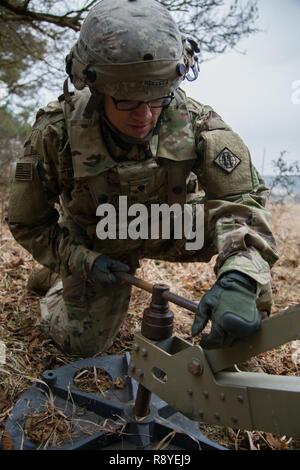 Un U.S. Soldato del 44th Expeditionary Battaglione di segnale si stabilizza il piede di un uplink satellitare mentre stabilire comunicazioni per un tactical operations center durante l'esercizio Allied spirito vi al settimo Esercito di formazione del comando Hohenfels Area Formazione, Germania, Marzo 15, 2017. Esercizio Allied spirito vi comprende circa 2.770 partecipanti da 12 NATO e partner per la pace delle nazioni, e degli esercizi di tattica di interoperabilità e prove di comunicazione sicura entro i membri dell alleanza e nazioni partner. Foto Stock