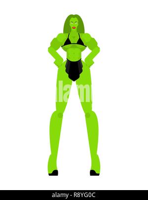 Il Supereroe Superwoman forte donna verde. Il Bodybuilding femminile. Bellissimo corpo sportivo da donna. Atletica modello muscolare. Centro fitness Illustrazione Vettoriale