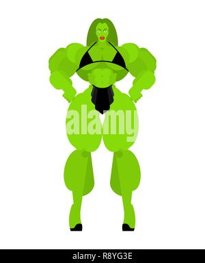 Il Supereroe Superwoman forte donna verde. Il Bodybuilding femminile. Bellissimo corpo sportivo da donna. Atletica modello muscolare. Centro fitness Illustrazione Vettoriale