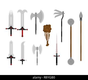 Armi medievali set. antiche armature metalliche arma. Spada e ax. Alabarda o lancia. Saber e club. Macis e stella del mattino Illustrazione Vettoriale