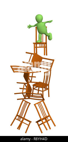 3d marionetta, bilanciamento sulla sommità di una piramide di sedie. Gli oggetti su bianco Foto Stock