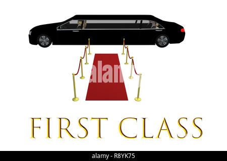 3D illustrazione del primo titolo della classe davanti a un tappeto rosso nella parte anteriore di una limousine nera, isolato su sfondo bianco. Foto Stock