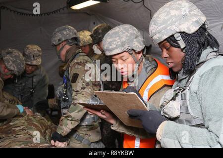 Dragon sollevare 2017, un giunto evacuazione medica esercizio, mette in risalto la capacità congiunte degli Stati Uniti Esercito e Repubblica di Corea esercito in diverse ubicazioni in #SouthKorea, Mar. 15. La Repubblica di Corea esercito 1a Corps e il sessantacinquesimo Medical brigata dell'U.S. Inizio dell'esercito dalla simulata di evacuazione feriti dal campo a #Goyang Forze Armate Medical Center. Il numero di vittime simulate sono trattati e trasportati con ambulanze per Toegyweon stazione dove essi a bordo di un treno di emergenza voce a #Ajou University Hospital in #Suwon. Foto Stock