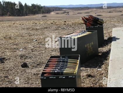 Le munizioni si siede sul terreno gamma di qualificazione prima di essere caricate su un M2 0,50 Caliber machine gun per la qualifica di massa durante il funzionamento freddo Acciaio a Fort McCoy, Wis., Marzo 19, 2017. Funzionamento a freddo è di acciaio negli Stati Uniti La riserva di esercito di equipaggio è servita la qualifica di armi ed esercizio di convalida per garantire che l'America dell'esercito di unità di riserva e soldati sono addestrati e pronto per la distribuzione con breve preavviso e portare la lotta contro-ready e letale di armi da fuoco a sostegno dell'esercito e ai nostri partner in tutto il mondo. Foto Stock