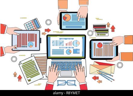 Business Desk Top View, processo di lavoro con diagrammi e documenti, imprenditori Mani compresse digitale e il computer portatile Illustrazione Vettoriale