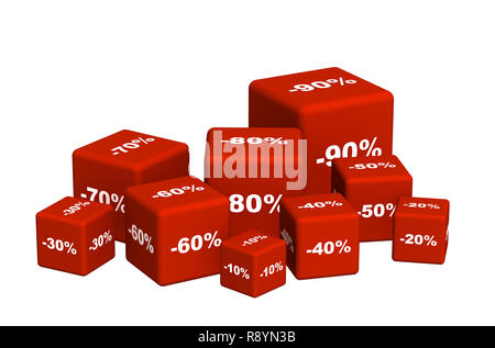 Le caselle rosse con le merci a un prezzo scontato. Scopo su bianco Foto Stock