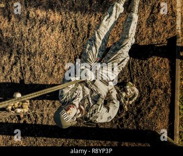 Un aviatore con il Florida National Guard rappels giù una torre a Camp Blanding Centro comune di formazione durante il 2017 Air Assault Course a Camp Blanding Centro comune di formazione. Foto Stock