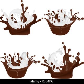 Set di cioccolato realistica e schizzi di latte isolato su sfondo bianco. Illustrazione Vettoriale Illustrazione Vettoriale
