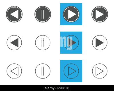 Musica, riproduzione, pausa, avanti e indietro i pulsanti set di icone Illustrazione Vettoriale