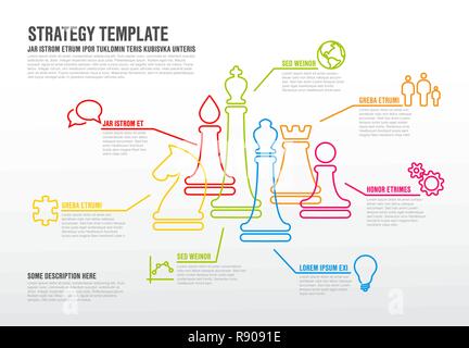 Vettore di strategia aziendale modello infografico con linea sottile figure di scacchi Illustrazione Vettoriale