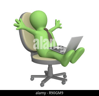 3d marionetta, seduta con un computer portatile. Scopo su bianco Foto Stock