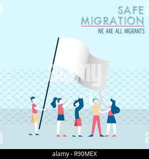 La Giornata Internazionale dei Migranti illustrazione, diversificato gruppo di bambini di diverse culture insieme con il bianco bandiera della pace per sicuro la migrazione globale o refu Illustrazione Vettoriale