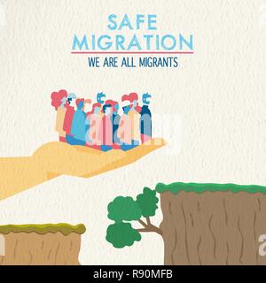 La Giornata Internazionale dei Migranti illustrazione, mano aiutare diverse persone di gruppo con ostacolo. Di sicuro il concetto di migrazione per i rifugiati. Illustrazione Vettoriale