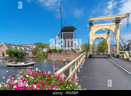 Il Rembrandt ponte (Rembrandtbrug) oltre la Rijn guardando verso il Molen de mettere il mulino a vento, Leiden, Zuid-Holland (South Holland), Paesi Bassi Foto Stock