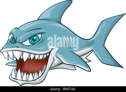 Arrabbiato shark mascotte cartoon su sfondo bianco Illustrazione Vettoriale