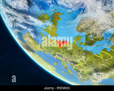Unione Benelux sul pianeta Terra dallo spazio con i confini. Molto bene i dettagli del pianeta superficie e nuvole. 3D'illustrazione. Gli elementi di questa immagine Foto Stock