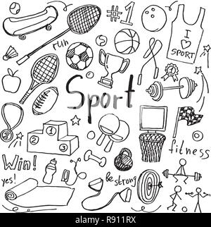 Set di disegnati a mano doodle sport icone. Raccolta di elementi del design Illustrazione Vettoriale