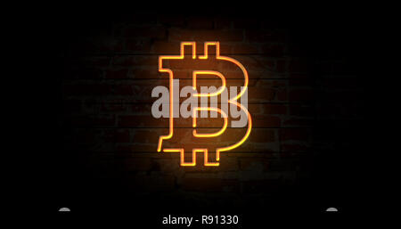 Bitcoin simbolo segno al neon luce sul muro di mattoni in background. Incandescente grande illuminato concetto Pubblicitario 3D'illustrazione. In stile retrò. Foto Stock