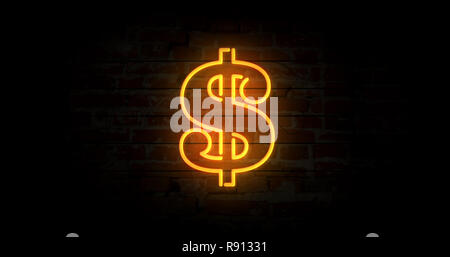 Simbolo del dollaro insegna al neon luce sul muro di mattoni in background. Incandescente grande illuminato concetto Pubblicitario 3D'illustrazione. In stile retrò. Foto Stock