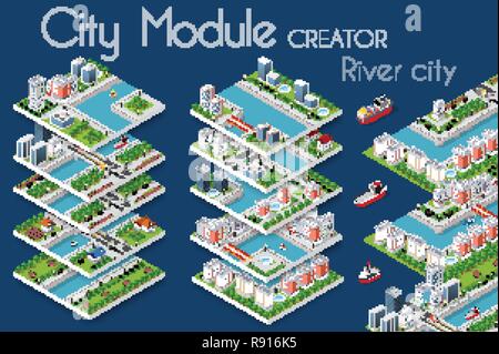 Modulo città creatore concetto isometrica delle infrastrutture urbane business. Costruzione del vettore illustrazione del terrapieno sul fiume con i ponti di elementi arch Illustrazione Vettoriale