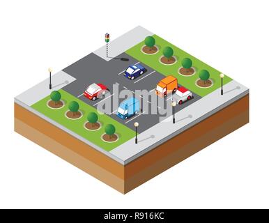 Isometrica urbano con parcheggio auto. Vista superiore del paesaggio urbano. Illustrazione Vettoriale