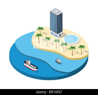 Estate isola isometrica con hotel, piscina, palme e navi Illustrazione Vettoriale