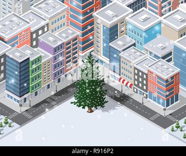 Natale winter city sullo sfondo di edifici e case, negozi e uffici, caffè con snowy abeti Illustrazione Vettoriale
