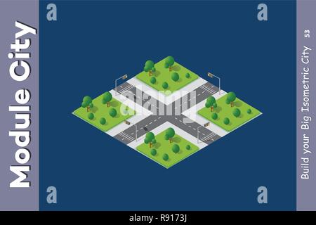 Per le strade delle città il parco giardino della città paesaggio. 3D vista isometrica dalle strade e stradine. Vista dimensionale della skyline di piatto. Illustrazione Vettoriale