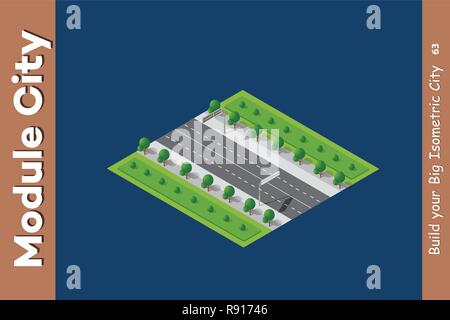 Per le strade delle città il parco giardino della città paesaggio. 3D vista isometrica dalle strade e stradine. Vista dimensionale della skyline di piatto. Illustrazione Vettoriale