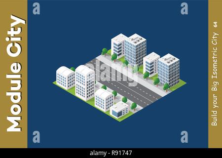 Impostare urbano grattacielo isometrica area della città architettura infrastruttura con edilizia, trasporti, strade, case sul paesaggio skyline Illustrazione Vettoriale