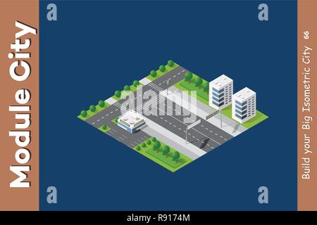 Per le strade delle città il parco giardino della città paesaggio. 3D vista isometrica dalle strade e stradine. Vista dimensionale della skyline di piatto. Illustrazione Vettoriale