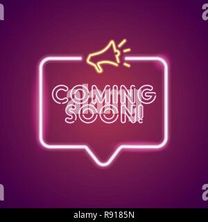 Prossimamente una luce al neon annuncio modello poster Illustrazione Vettoriale
