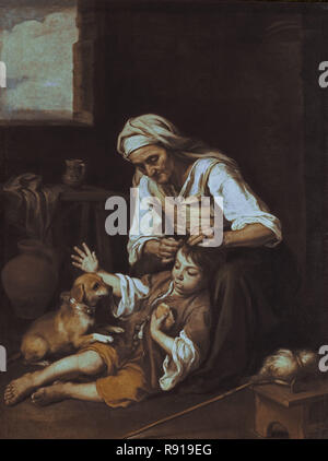 Vecchia donna cercando louses in un ragazzo del capello. Vieja espulgando un onu niño. Il XVII secolo. Pittura barocca. Sevillan scuola. Monaco di Baviera, ex Galleria d'arte. Autore: Murillo, Bartolomé Esteban. Posizione: Alte Pinakothek. Monaco di Baviera. Germania. Foto Stock