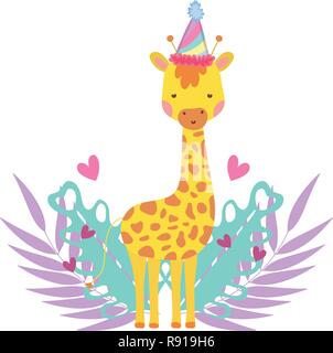 Carino e poco giraffa con party hat e giardino Illustrazione Vettoriale