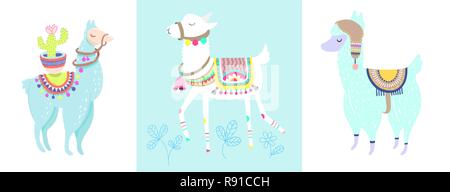 Funny llama con cactus isolato su bianco e blu animale alpaca Illustrazione Vettoriale