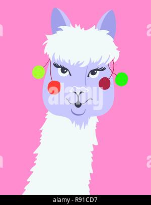 Ritratto di funny llama in stile appartamento, alpaca testa su backg rosa Illustrazione Vettoriale
