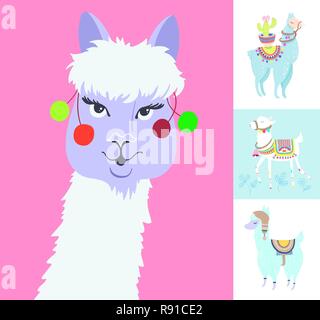 Ritratto di alpaca per avatar, funny llama con cactus isolato su Illustrazione Vettoriale