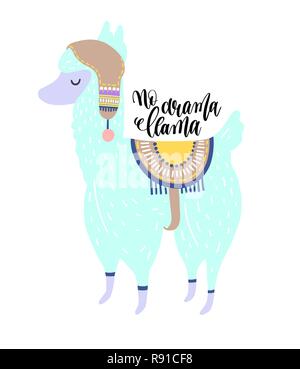 No drama llama scritte a mano il poster con il ritratto di alpaca Illustrazione Vettoriale